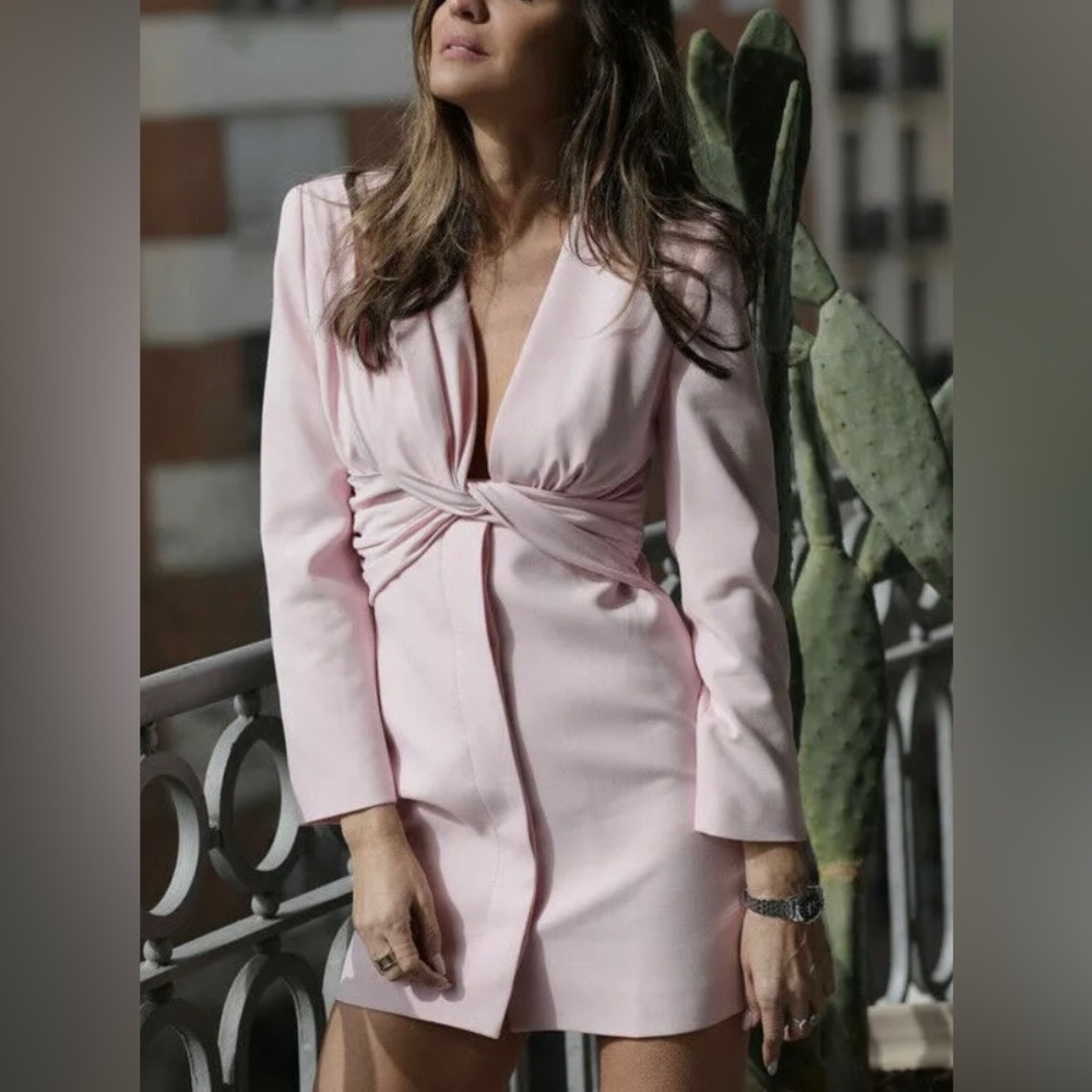 ZARA V Neck Draped Structured Blazer Mini Dress Shoulder Pads Baby Pink  Size:S